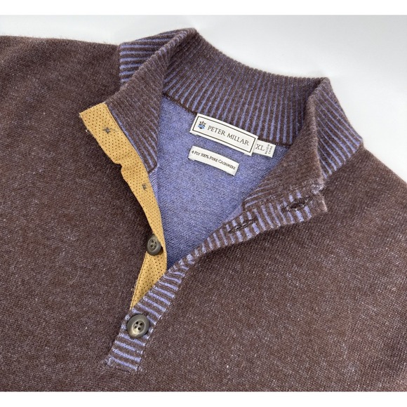 Peter Millar 4 Ply Cashmere Sweater Men's XL Brown Blue Trim Soft Knit - Picture 6 of 10